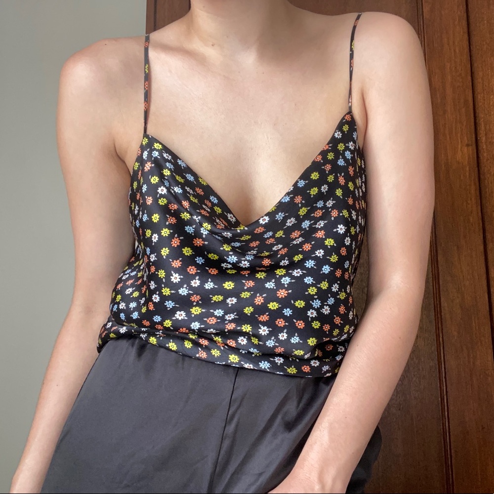 Silk cowl neck floral print tank top